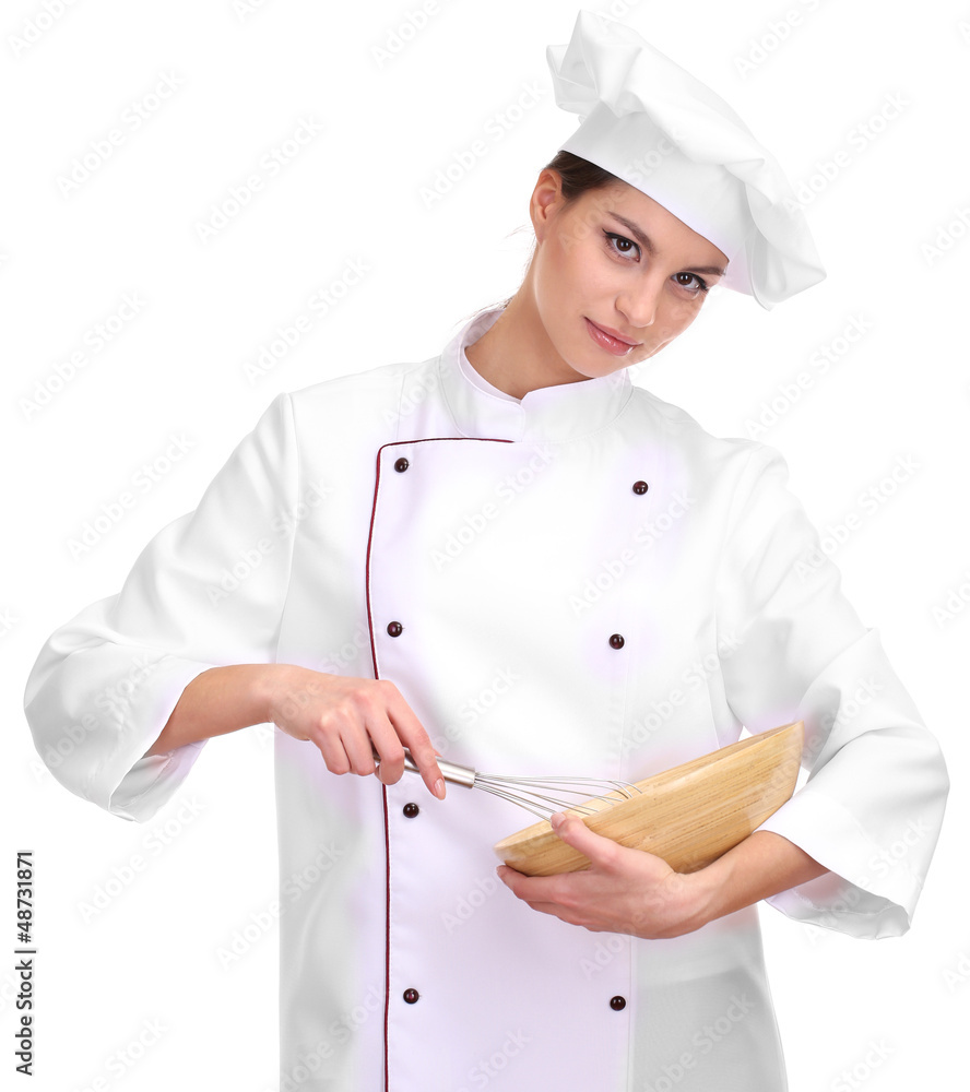 Portrait of young woman chef with wisk isolated on white Portrait of young woman chef with wisk isolated on white