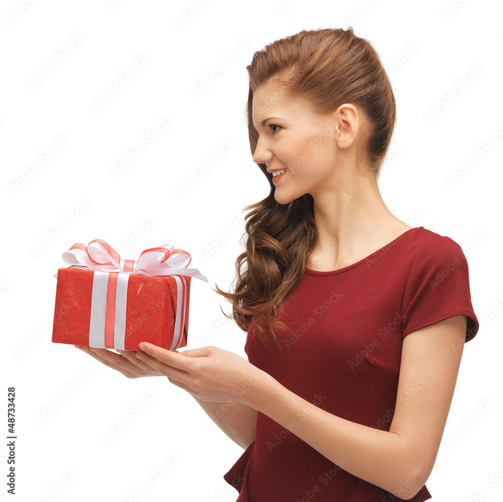 teenage girl in red dress with gift box