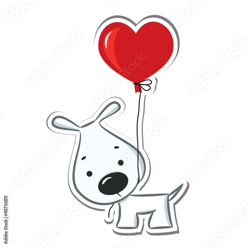 Dog with the heart balloon. Sticker. Vector illustration
