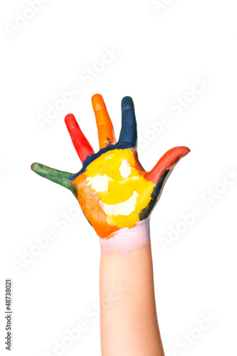 Colored hand with smile painted in colorful paints as logo.
