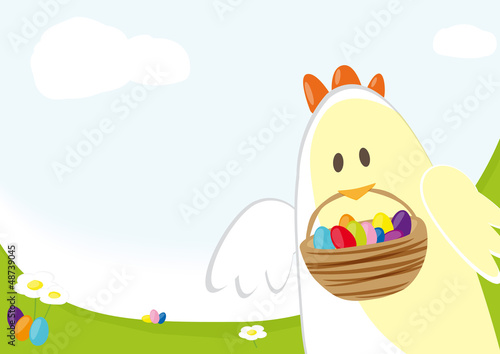 Easter chick carrying basket with easter eggs