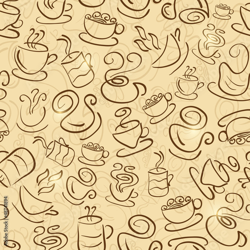 Brown Seamless Pattern with Coffee and Tea Cups