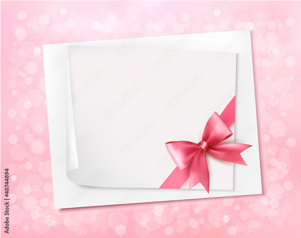 Holiday background with gift pink bow and ribbon. Vector