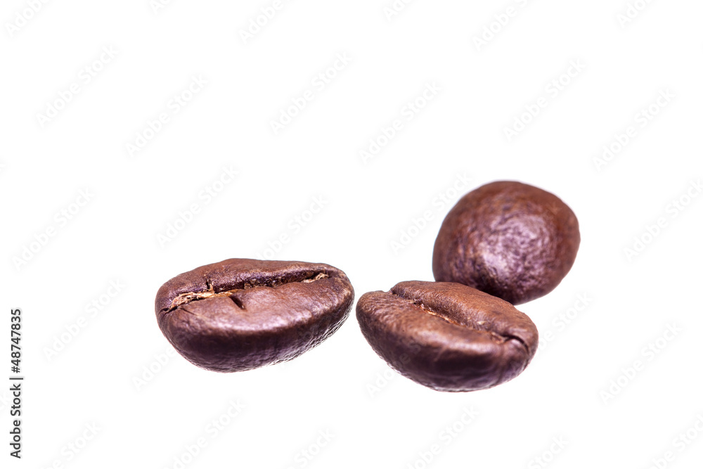 three isolated coffee beans on white background three isolated coffee beans on white background