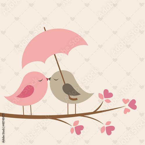 Birds under umbrella. Romantic card #48748428