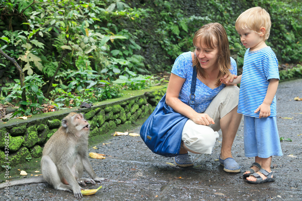 Naklejka premium mother and son feeding wild monkey
