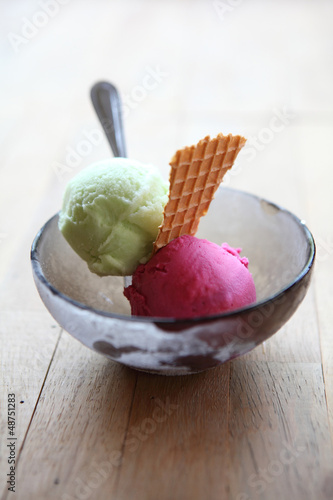 Ice cream scoops in bowl