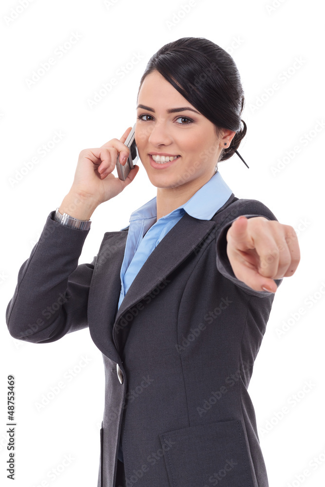 business woman pointing on the phone business woman pointing on the phone