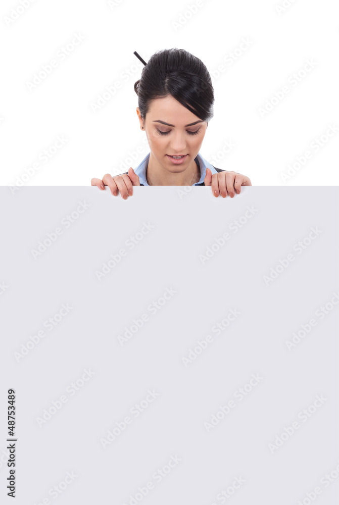 business woman show blank board business woman show blank board