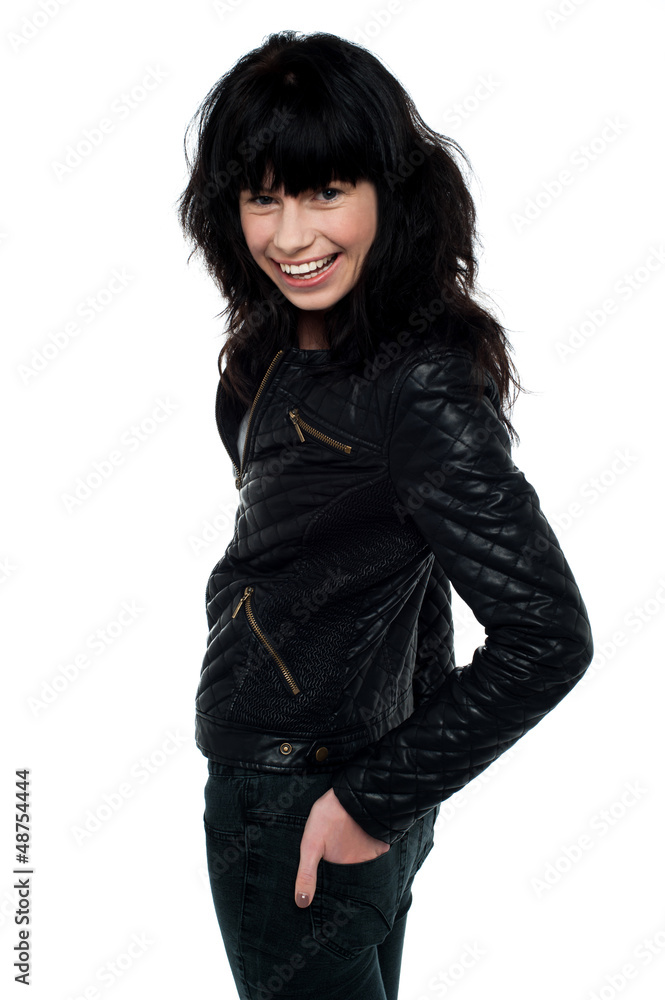 Beauty brunette woman in leather jacket Beauty brunette woman in leather jacket