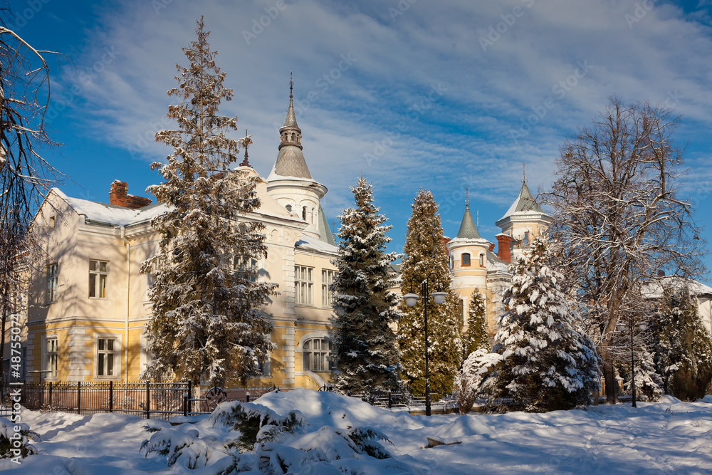 Old fairytale palace in winter during sunny day