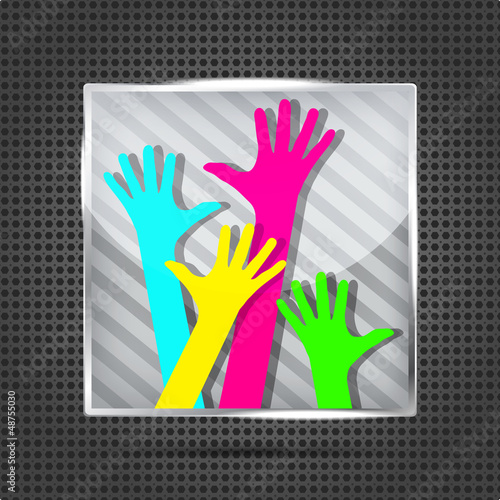 striped icon with happy hands on the metallic background