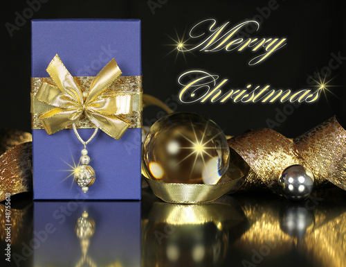 Merry Christmas postcard with blue and golden gift arrangement