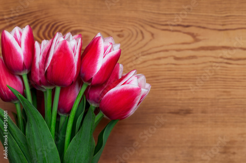 Tulips in the background of the board of wood
