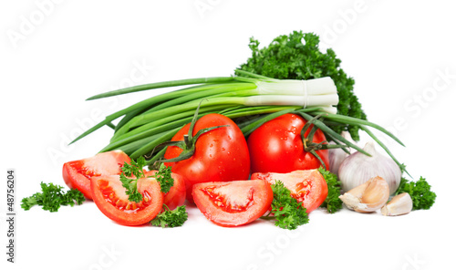 Tomatoes, parsley, onion, garlic, isolated on white background