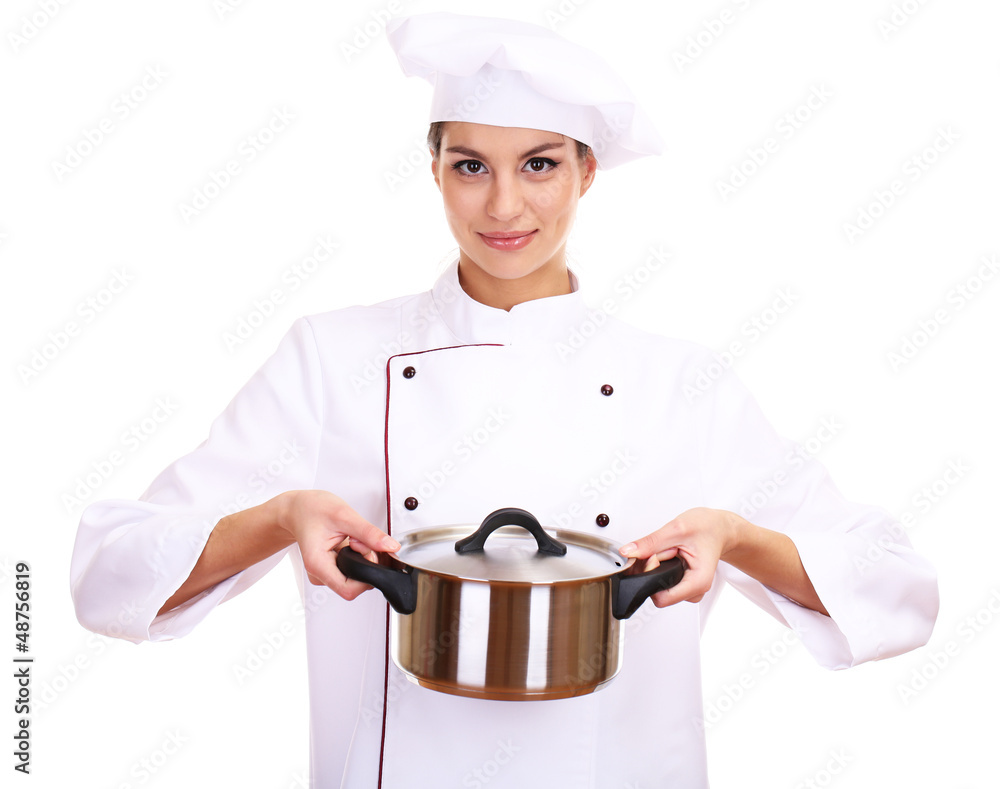 Portrait of young woman chef with pan isolated on white Portrait of young woman chef with pan isolated on white