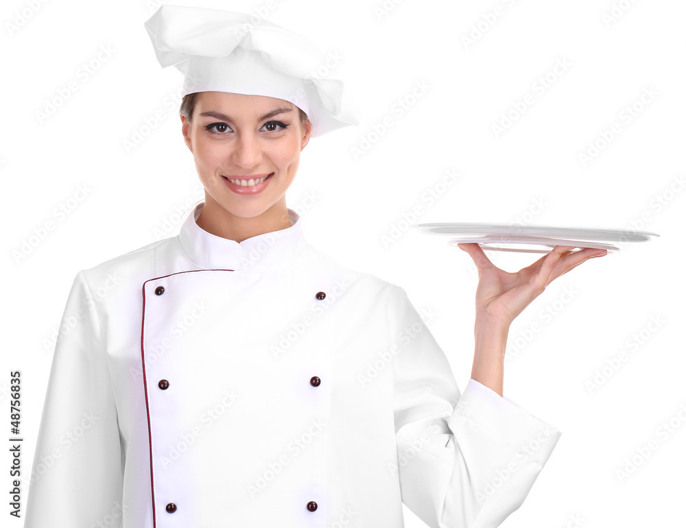 Portrait of young woman chef with tray isolated on white Portrait of young woman chef with tray isolated on white