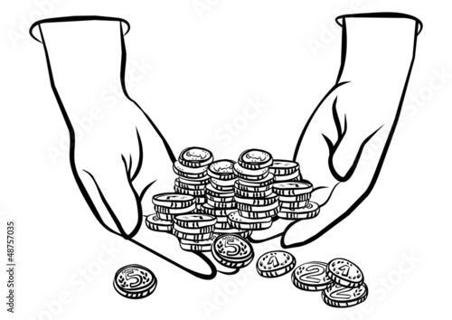 monety trzymane w dłoniach czarno biała ilustracja finansowa