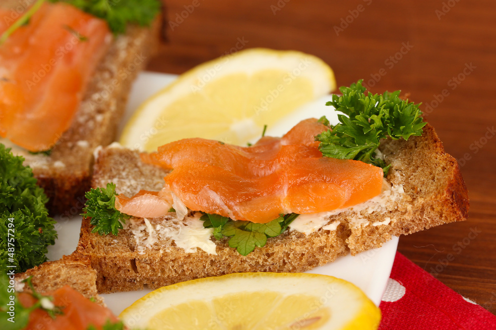 Salmon sandwich on plate,on wooden background, close up