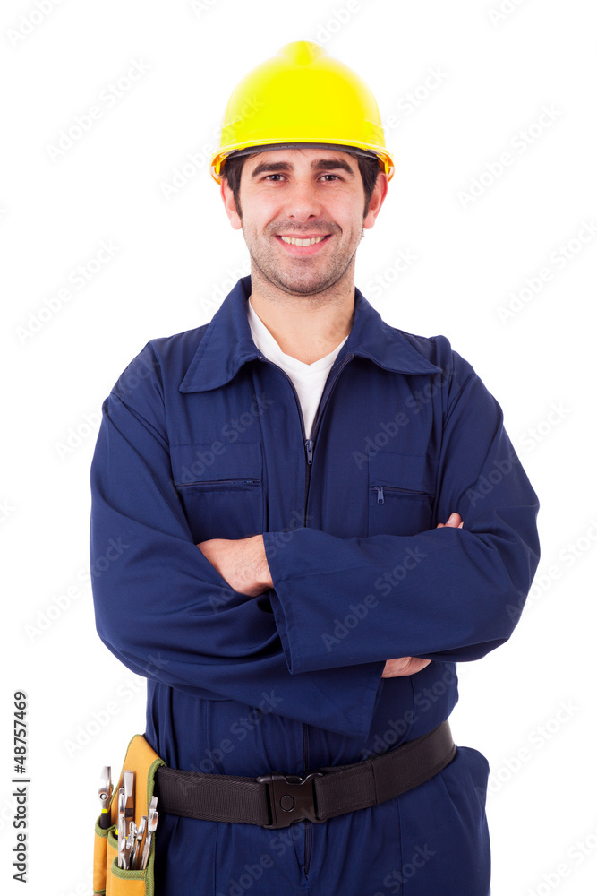 Portrait of a smiling young builder, isolated on white Portrait of a smiling young builder, isolated on white
