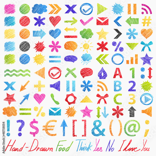 Vector set: hand-drawn symbols. Colorful design elements