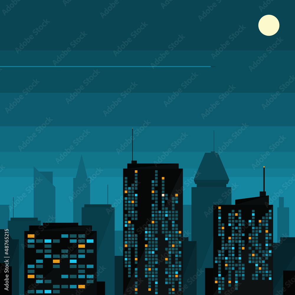 Night city with moon. Vector illustration.