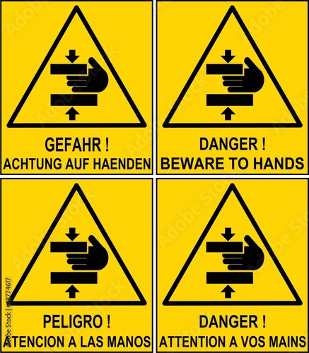 CARTELLO GIALLO PERICOLO ATTENTI ALLE MANI MULTILINGUE