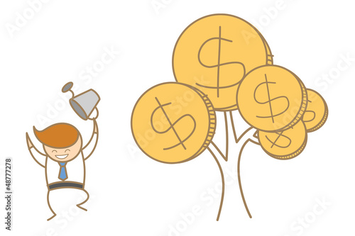 cartoon character of business man happy with his money tree