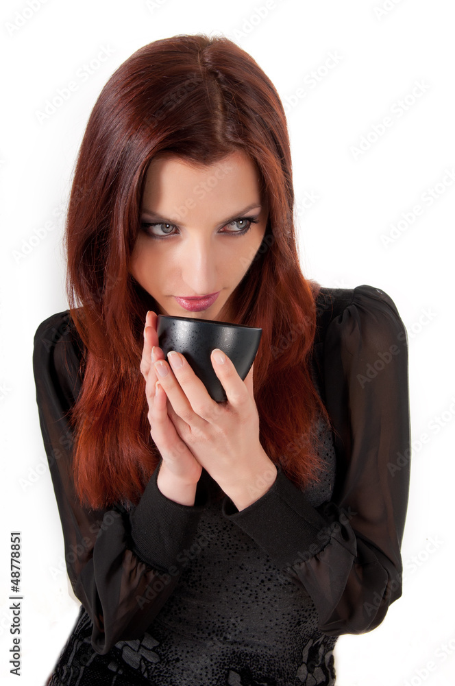 young pretty woman with coffee or tea cup isolated on white young pretty woman with coffee or tea cup isolated on white