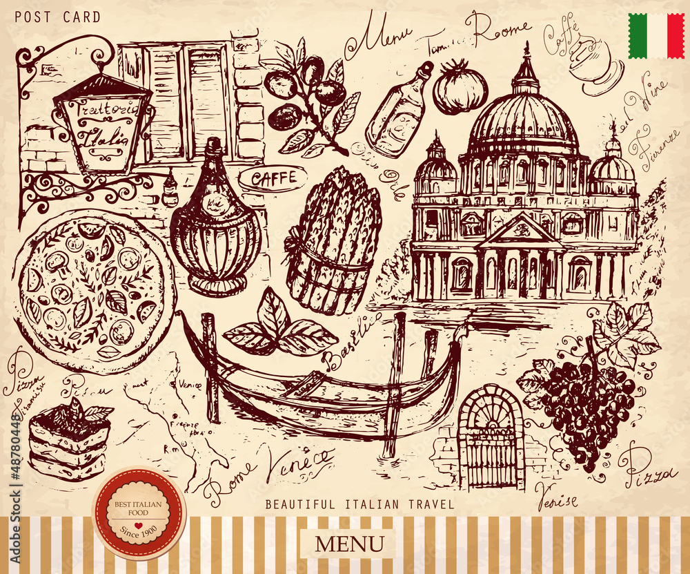 Fototapeta premium Vector hand drawn card with italian symbols