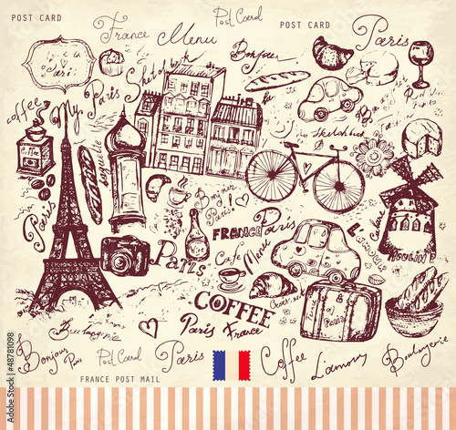 Vector hand drawn card with Paris symbols