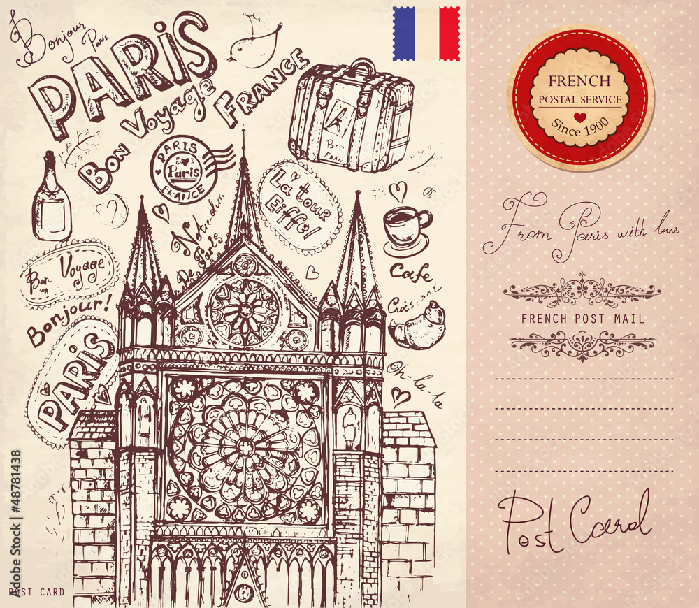 Vector hand drawn card with Paris symbols