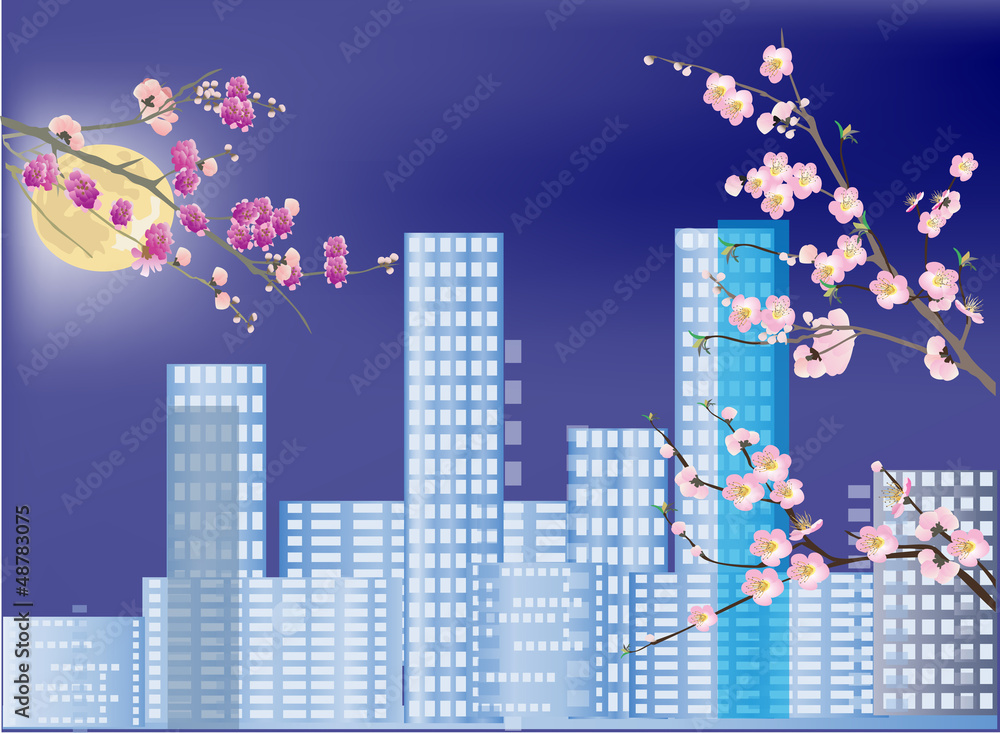 Fototapeta premium pink flowers in blue spring city