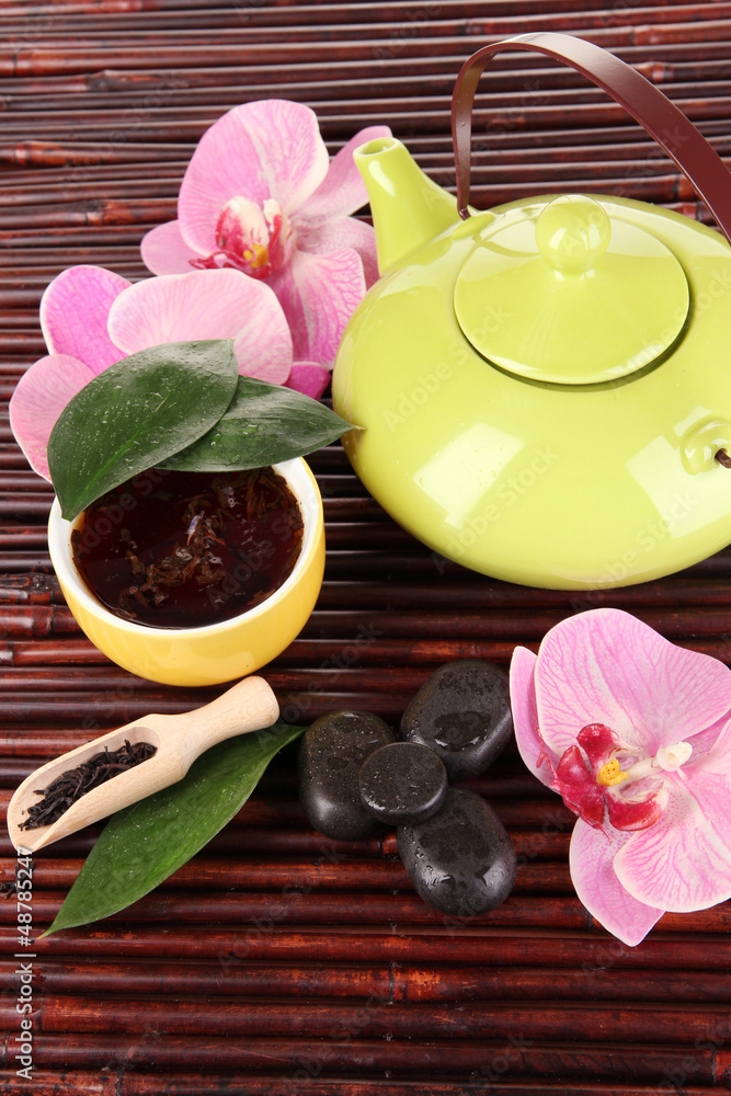 Chinese tea ceremony on bamboo table close-up Chinese tea ceremony on bamboo table close-up