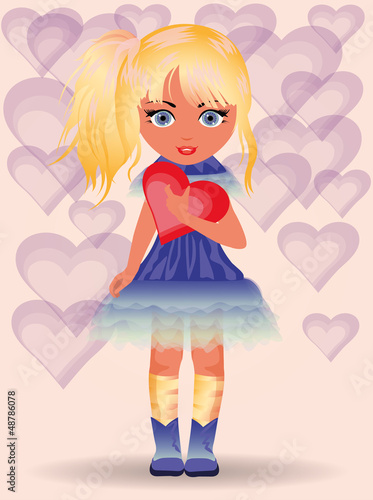 Love card  young girl and heart. vector illustration