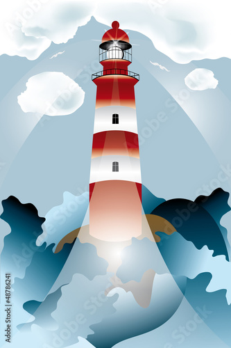Lighthouse lights on over the unsteady sea
