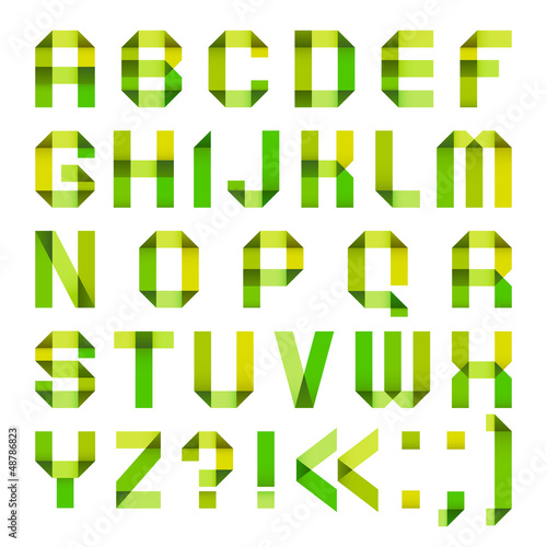 Spectral letters folded of paper ribbon-green and yellow