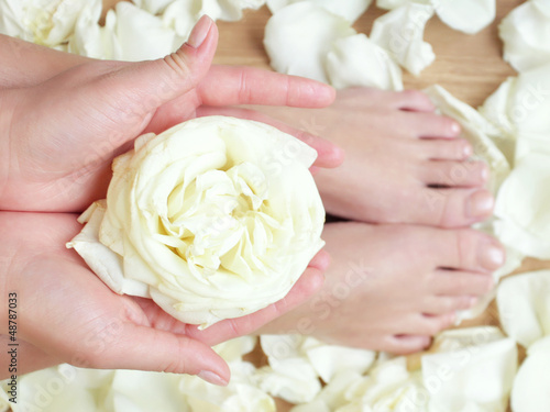 tanned hands and feet in spa with rose flowers and petals