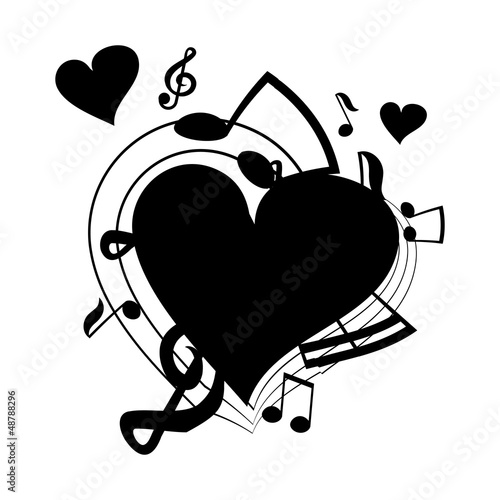 vector illustration of heart, musical notes