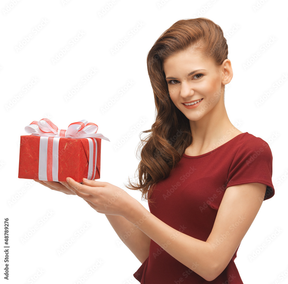 teenage girl in red dress with gift box teenage girl in red dress with gift box