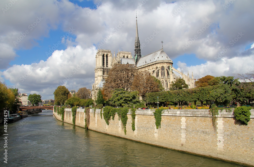 Notre Dame of Paris with a cloudy blue sky