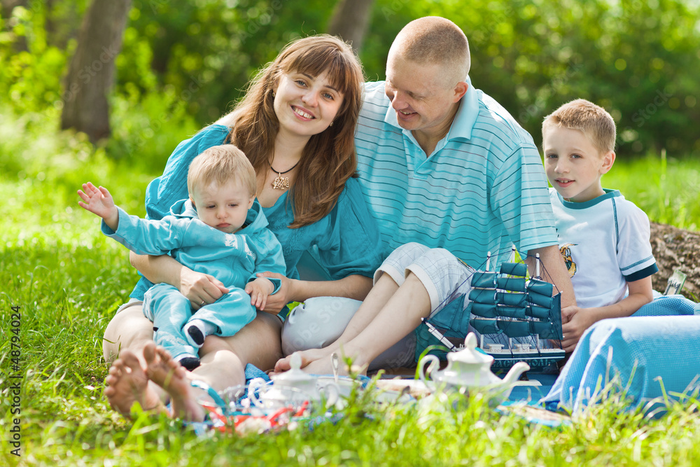 Fototapeta premium Happy family playing together in a picnic outdoors