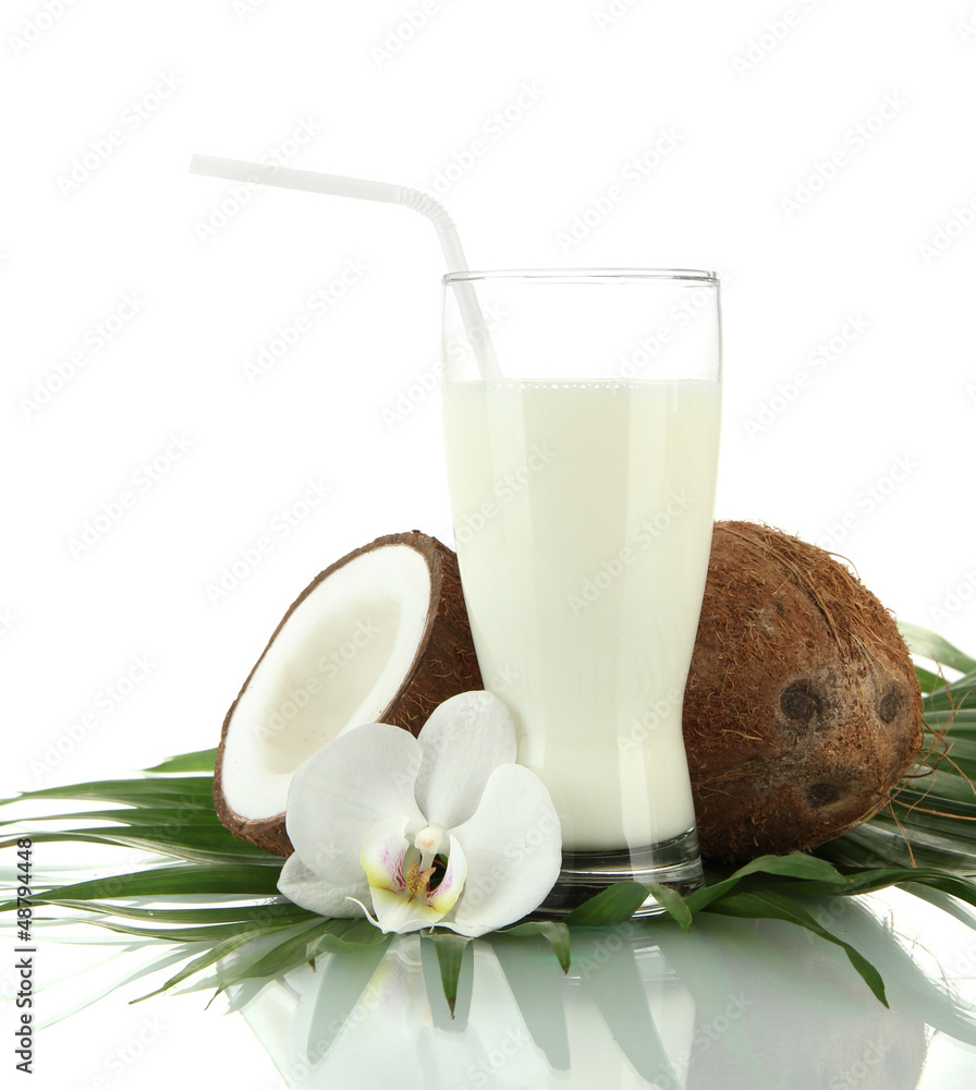 Coconuts with glass of milk, isolated on white Coconuts with glass of milk, isolated on white