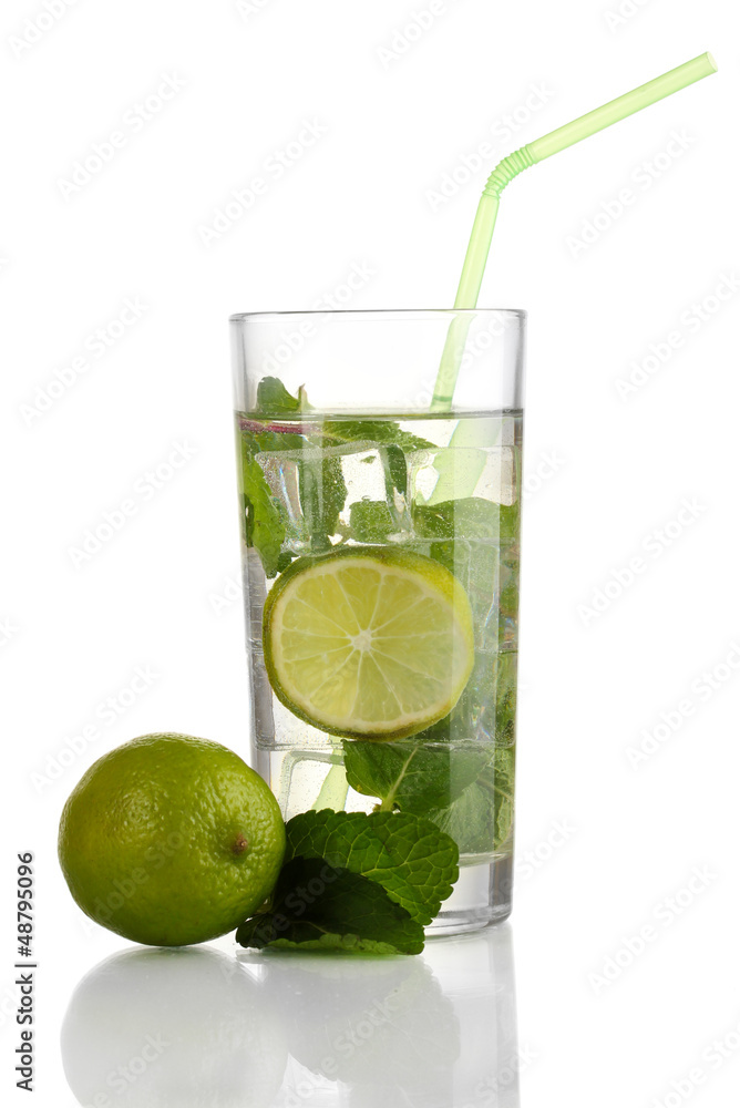 Glass of water with ice, mint and lime isolated on white Glass of water with ice, mint and lime isolated on white