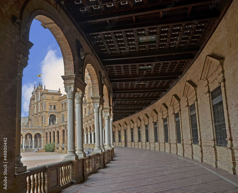 Hall with columns in the Plaza of Spain in Seville