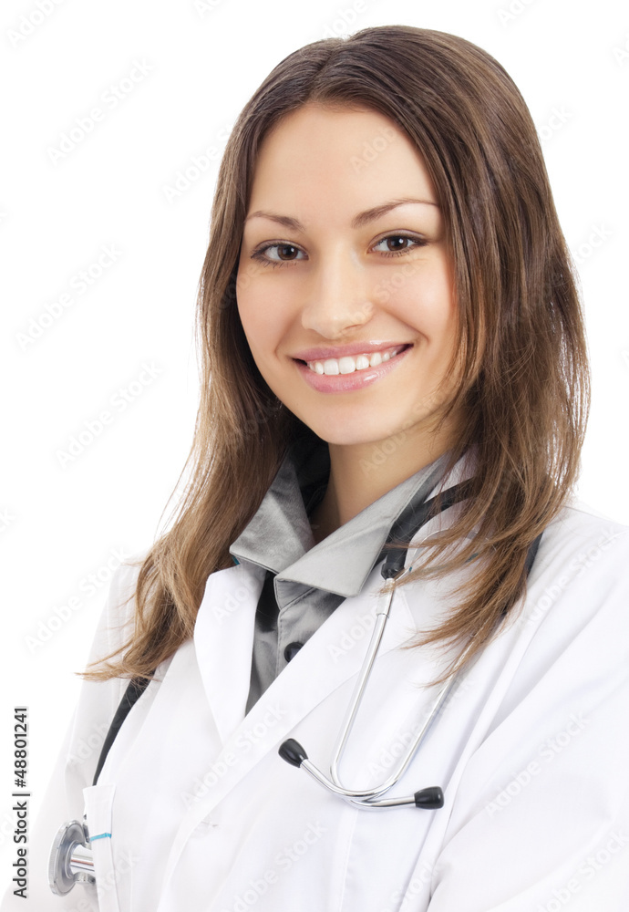 Happy smiling female doctor, over white Happy smiling female doctor, over white