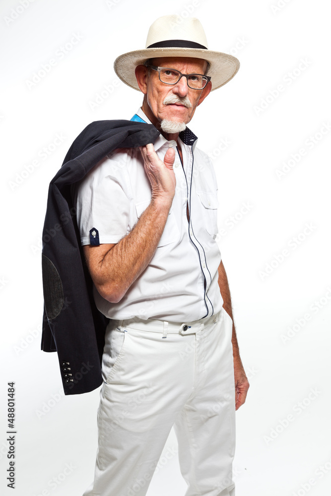 Well summer dressed senior man with hat. Isolated. Well summer dressed senior man with hat. Isolated.