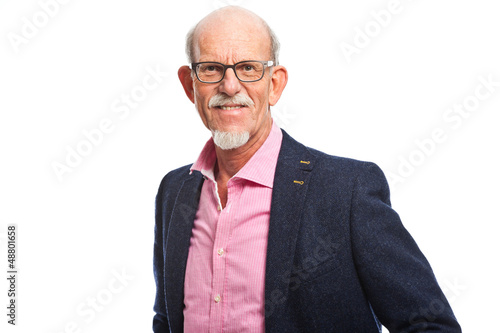 Happy well dressed senior man with glasses. Isolated.