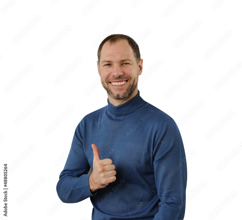 Smiling man in blue show thumb up isolated on the white backgrou Smiling man in blue show thumb up isolated on the white backgrou