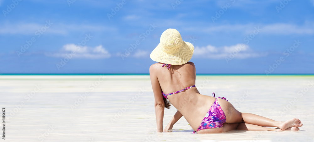 long haired girl in bikini on tropical bali beach, panorama long haired girl in bikini on tropical bali beach, panorama